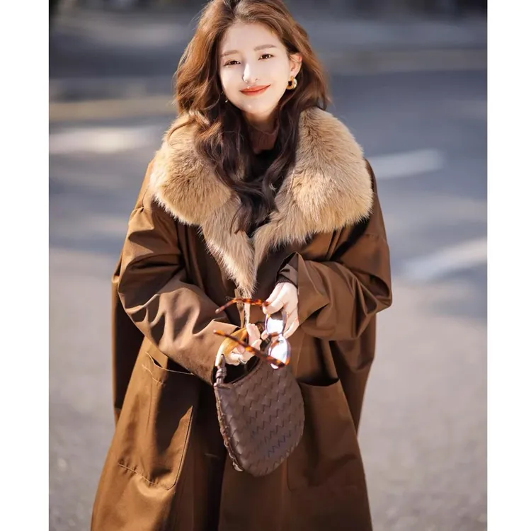 时尚洋气派克服女中长款冬季新款翻领毛毛外套大衣女保暖大毛领