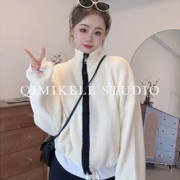 【戚米可乐】双向拉链针织开衫上衣女2025春秋外穿小众高领毛衣外套