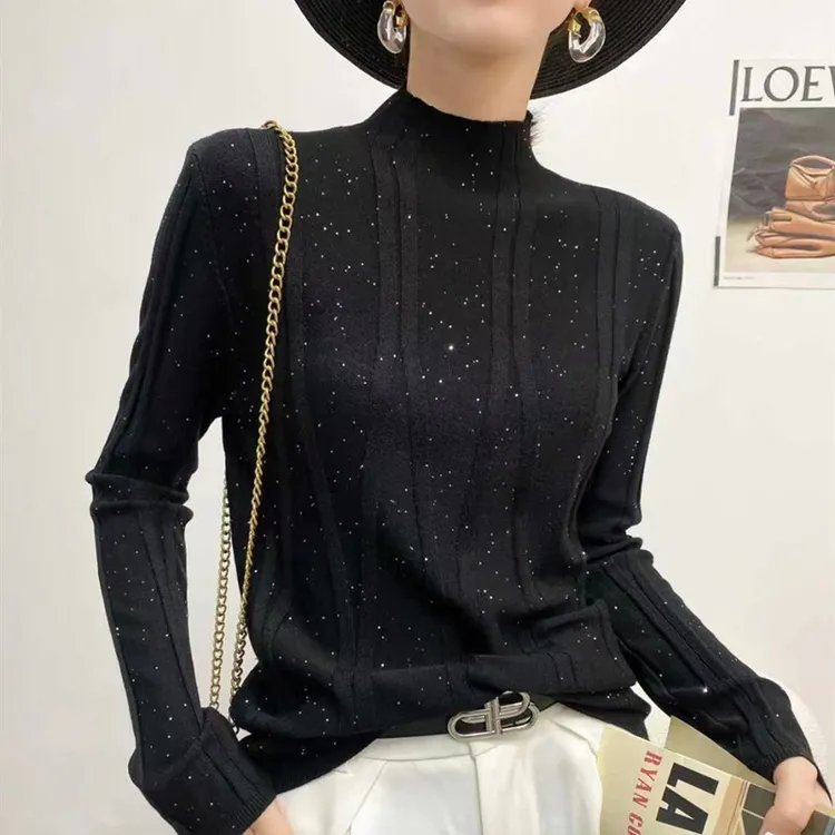 韩版气质显瘦高级感内搭亮片半高领长袖打底针织毛衣女2025秋冬款