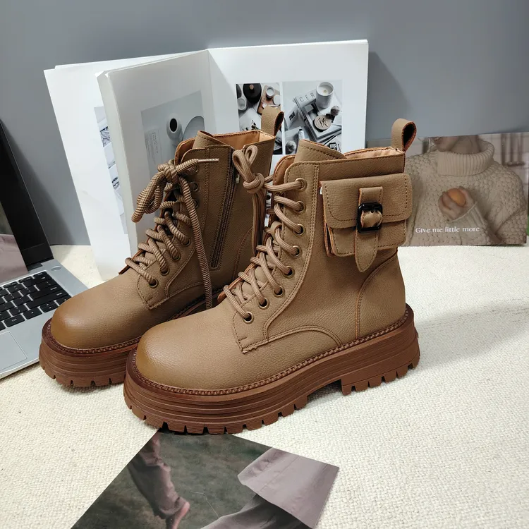 秋冬女鞋厚底加绒马丁靴小个子增高显瘦短靴复古百搭靴子真皮圆头