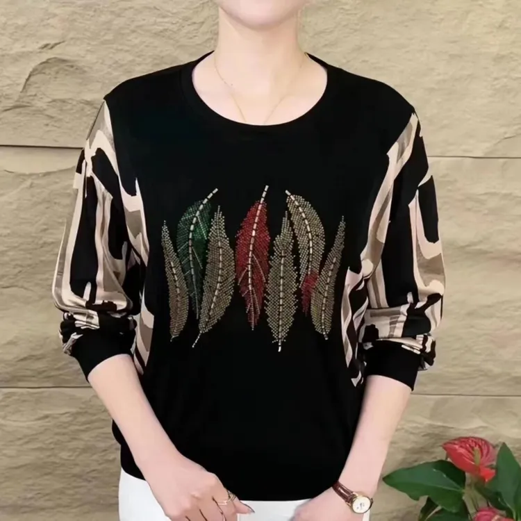 中老年女装大码宽松上衣春秋时尚遮肉烫钻妈妈装长袖T恤打底衫女