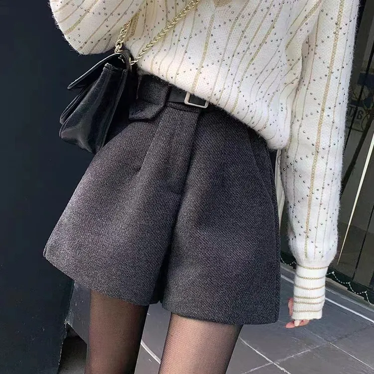 毛呢短裤女2025春季新款高腰显瘦外穿阔腿裤宽松百搭休闲A版靴裤