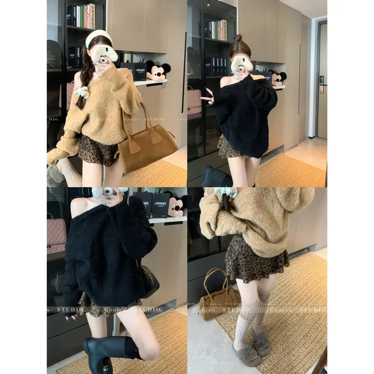 慵懒风松弛感宽松一字肩长袖百搭毛衣辣妹A子显瘦短裙套装女秋季