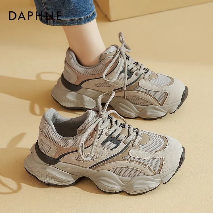 达芙妮灰色老爹鞋女2025春秋厚底松糕脏脏鞋增高显脚小休闲运动鞋