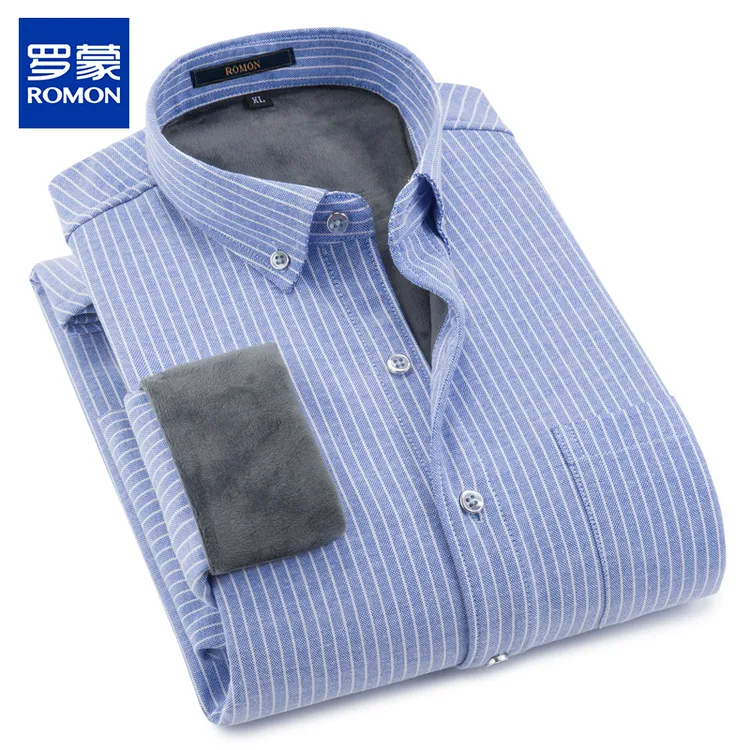 罗蒙男士高档保暖衬衫商务加绒加厚长袖衬衣冬季新款休闲条纹衬衣