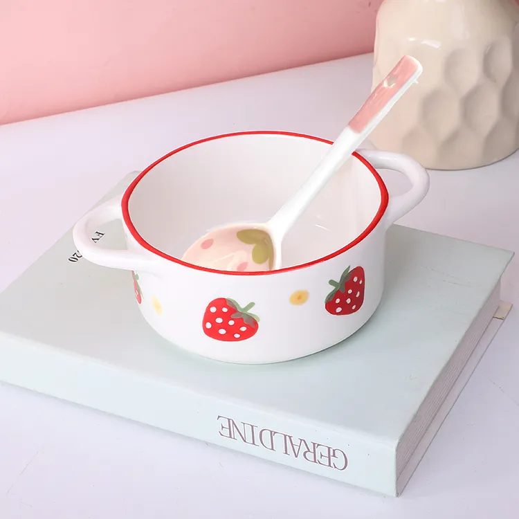 雅诚德草莓6英寸含耳双耳碗蒸蛋辅食碗高温釉下彩可爱碗勺套装
