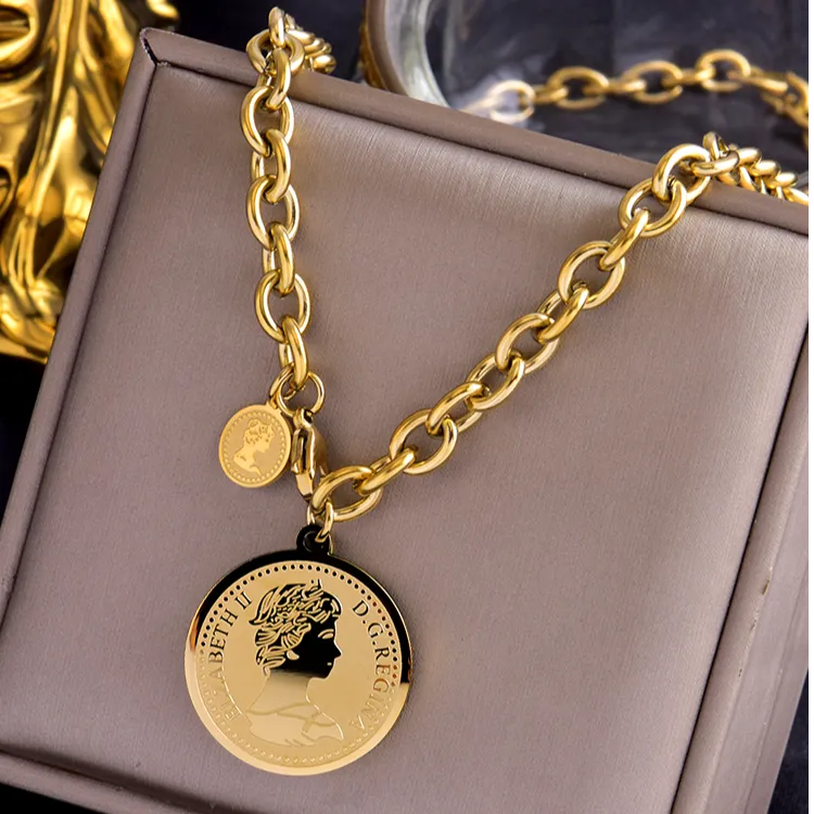 钛钢项链 欧美ins街拍复古人像冷淡风项链新款圆牌卫衣链百搭气质