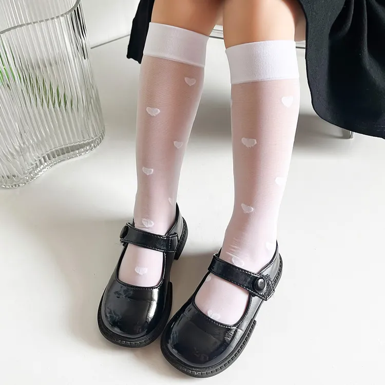 女童袜子夏季薄款白色丝袜甜美爱心洛丽塔冰丝袜JK透明长筒小腿袜