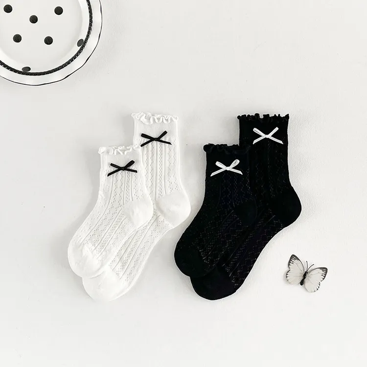 女童袜子春夏网眼薄款韩版木耳花边蝴蝶结黑白色百搭ins中筒袜潮