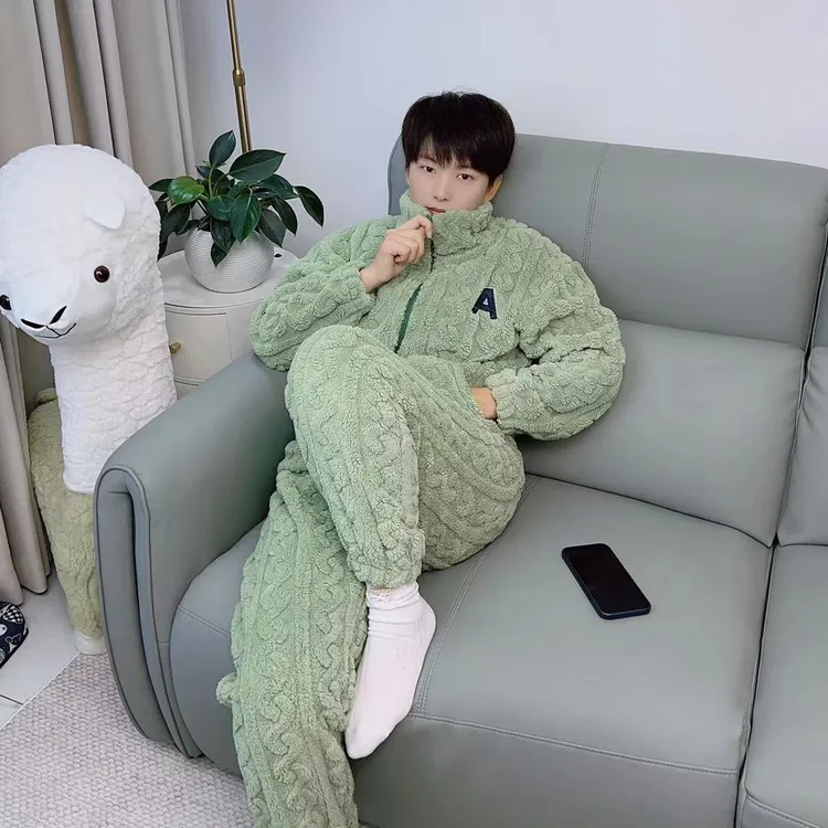 【02绿】天鹅绒加厚女式拉链睡衣时尚套装居家服可外穿柔软舒适保暖