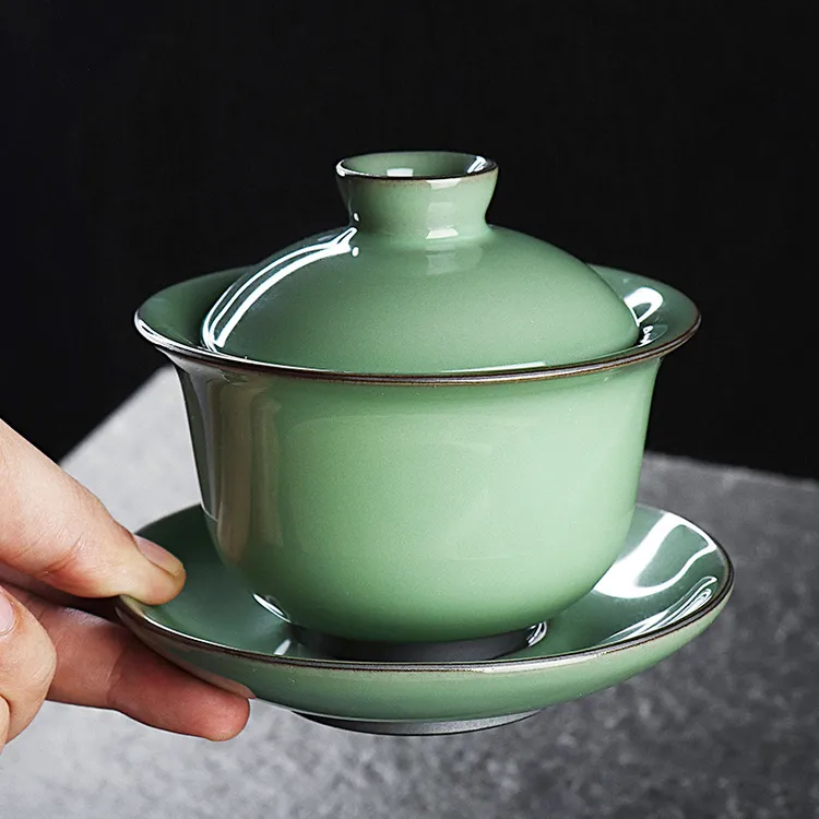 凝香阁 铁胎梅子青官窑元宝盖碗 中式简约陶瓷功夫茶具大容量盖杯