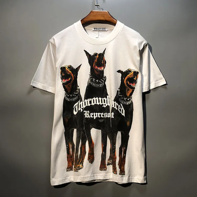 港风嘻哈潮牌潮款ins五分袖t恤男三头条恶犬狗夏季半截袖加大