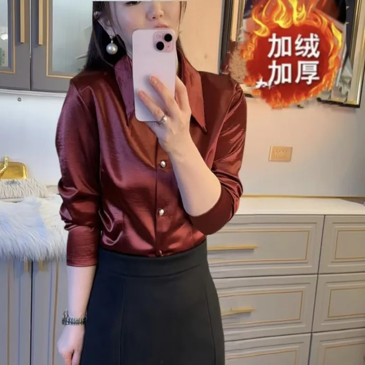 加绒款缎面百搭衬衫气质长袖时尚简约领口796