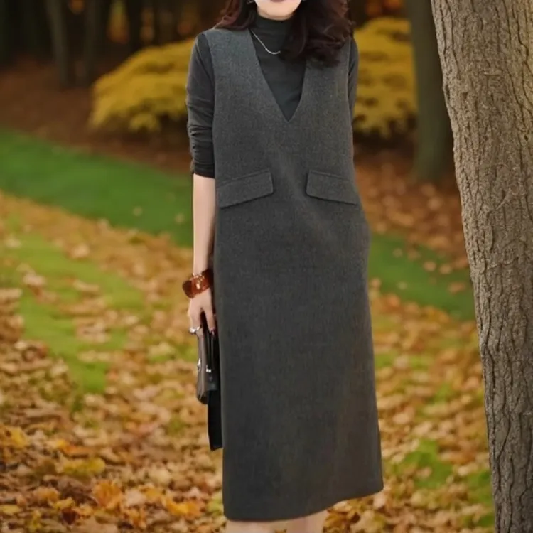 时尚连衣裙套装秋冬新款显瘦百搭打底衫背心裙两件套气质洋气939