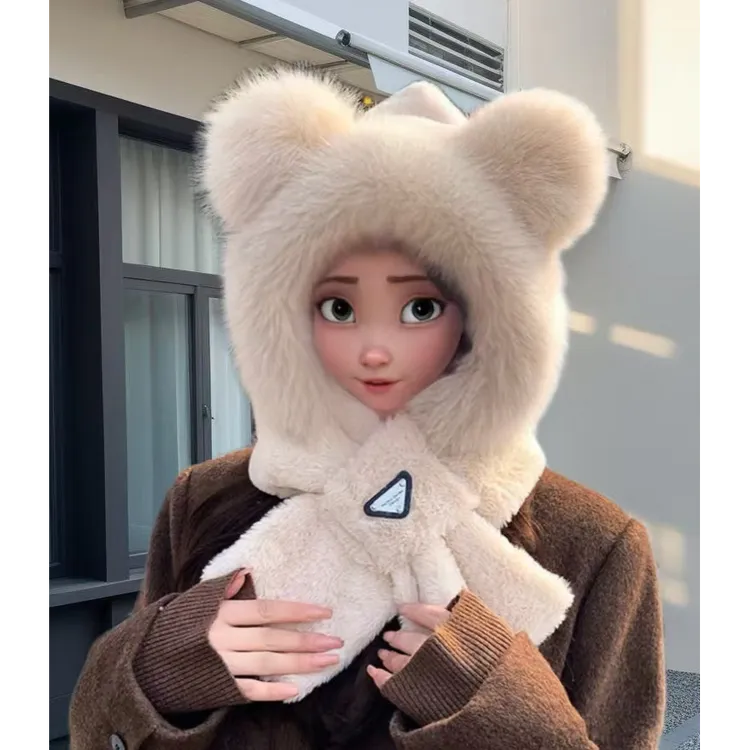 冬季新款小兔毛帽子围巾一体加绒加厚超保暖骑车逛街必备小熊耳朵