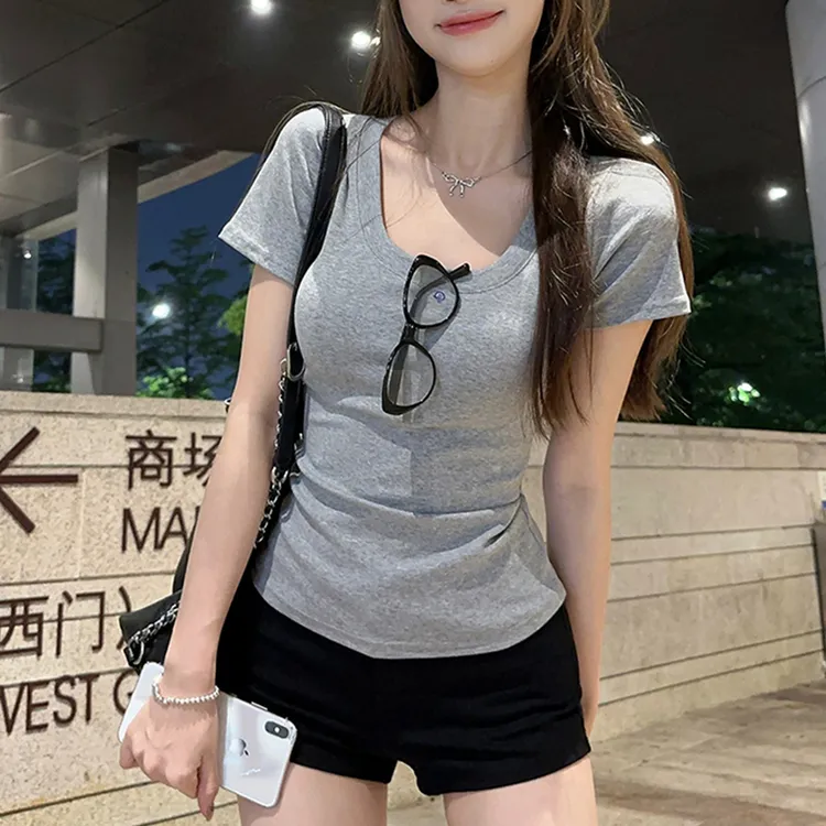 短袖正肩T恤女装夏季韩版甜辣妹纯色修身显瘦纯欲上衣设计感ins