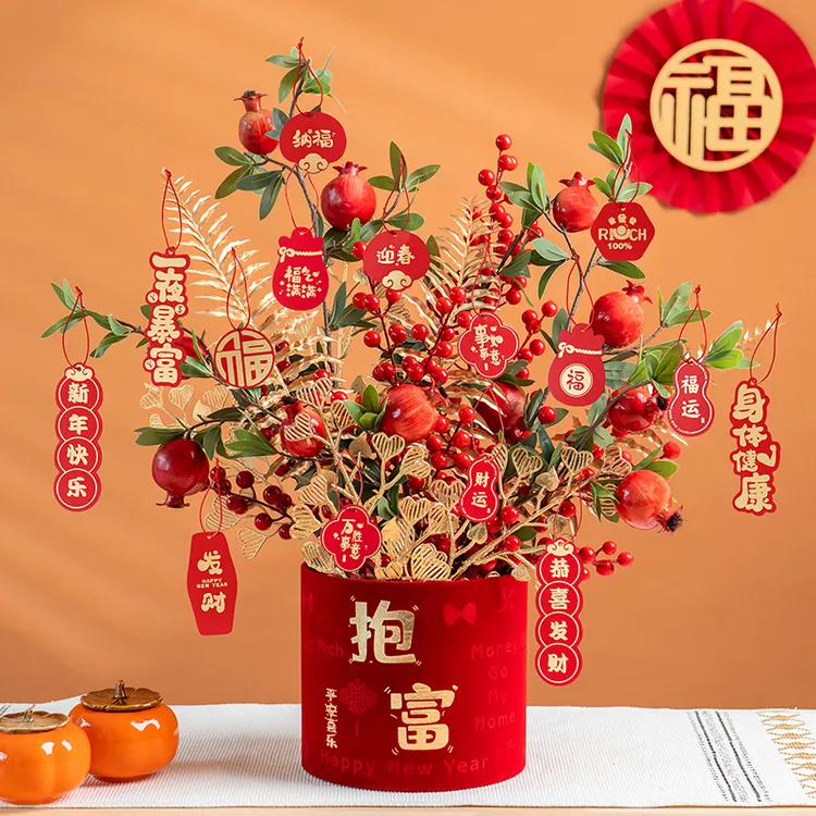 乔迁新居新年福桶柿柿如意摆件柿子石榴发财果仿真花结婚插花装饰