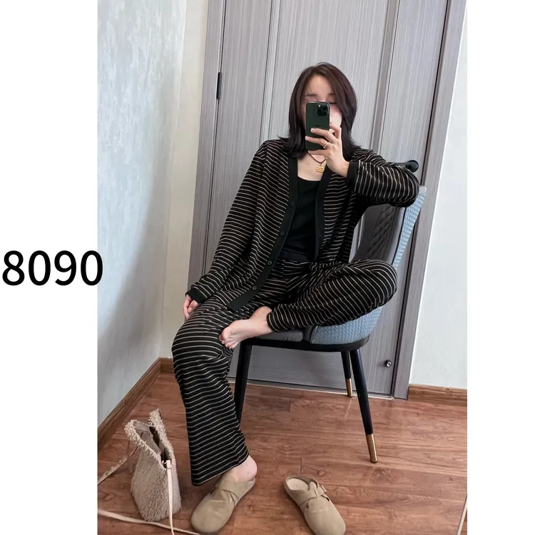 【宋晓暖】时尚带胸垫条纹三件套秋冬款软糯显瘦家居服NJ-WYF009