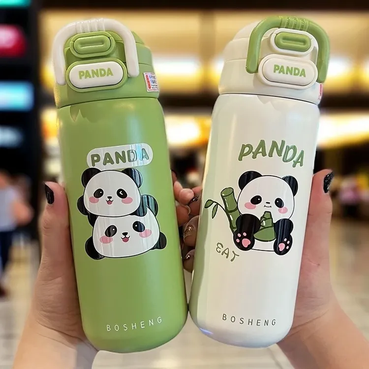 熊猫卡通可爱保温杯女生高颜值幼儿园小学生上学专用带吸管水杯子