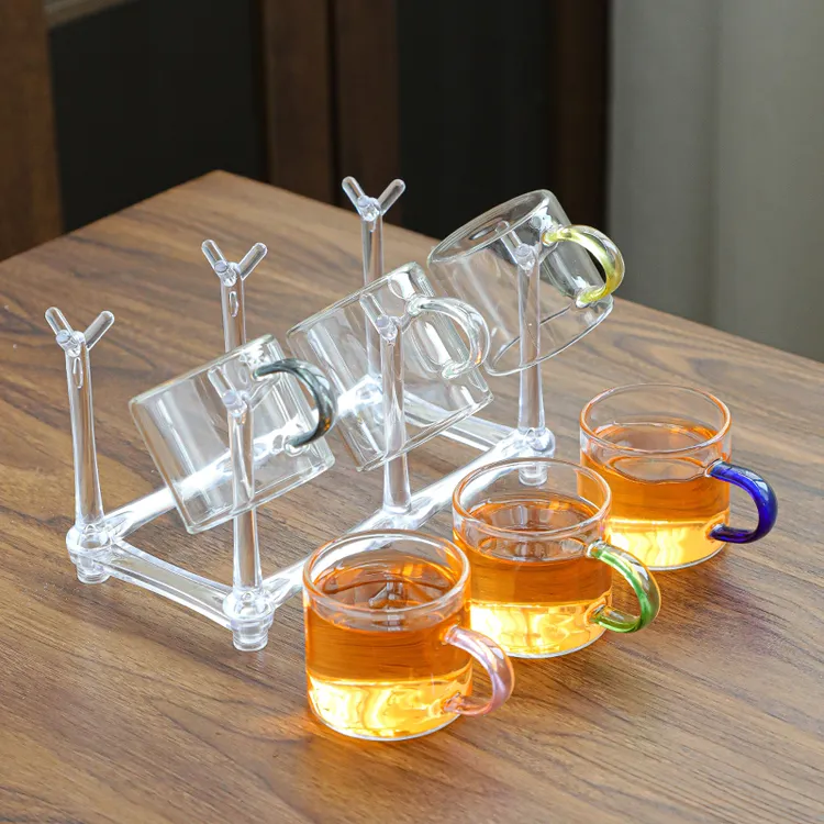 耐热玻璃杯家用耐高温功夫茶杯透明简约带把茶杯亚克力杯架沥水架