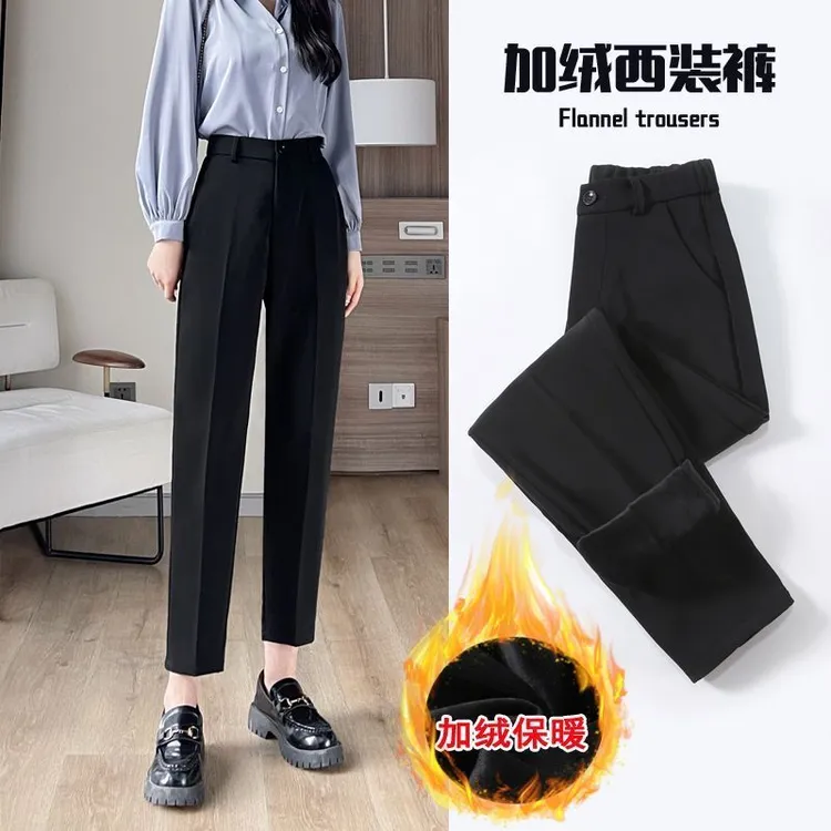 西装裤女秋冬加绒加厚百搭高腰显瘦垂感宽松小个子直筒休闲烟管裤