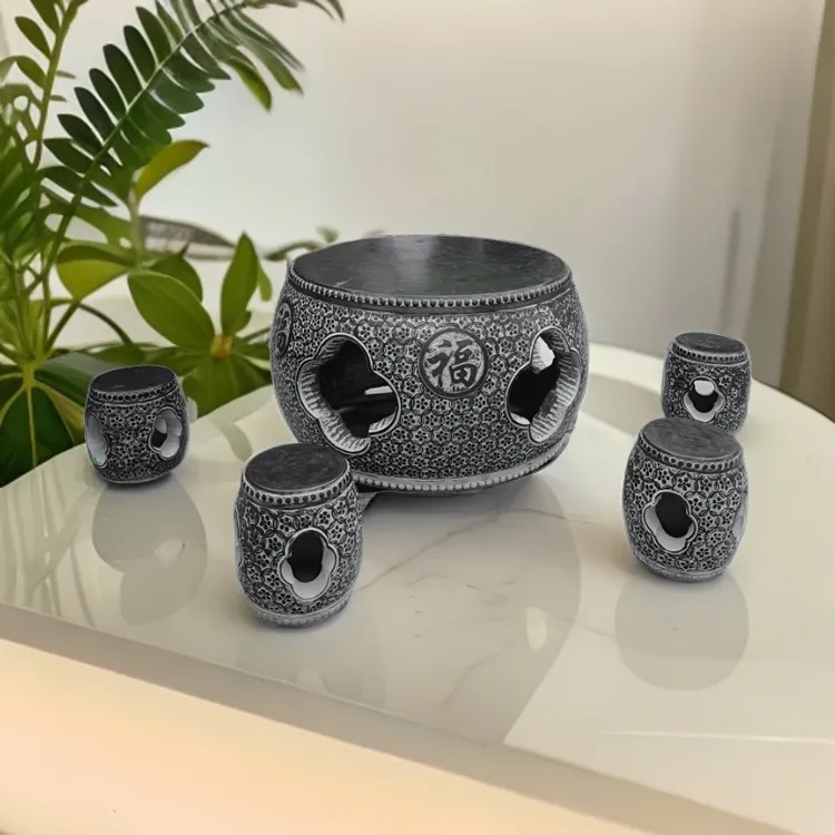 石桌子纯天然青石镂空整石圆桌庭院摆放仿古圆形石桌农家院石圆桌