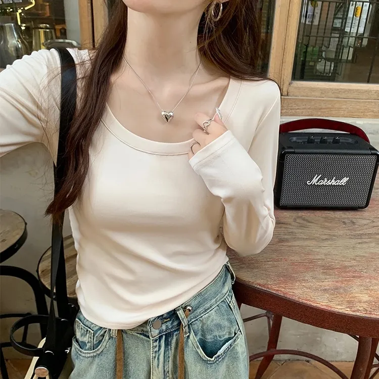 正肩打底衫女春秋冬款叠穿内搭圆领长袖修身显瘦百搭T恤上衣纯色