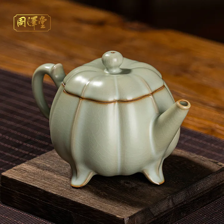周泽堂一品南瓜壶305ml泡茶壶家用景德镇汝瓷仿生茶壶单壶礼盒装