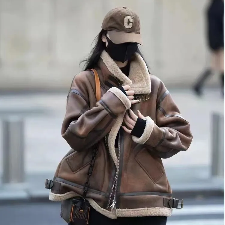 特厚【衣重超3斤】冬加厚复古休闲百搭麂皮复古机车服男女宽松外套