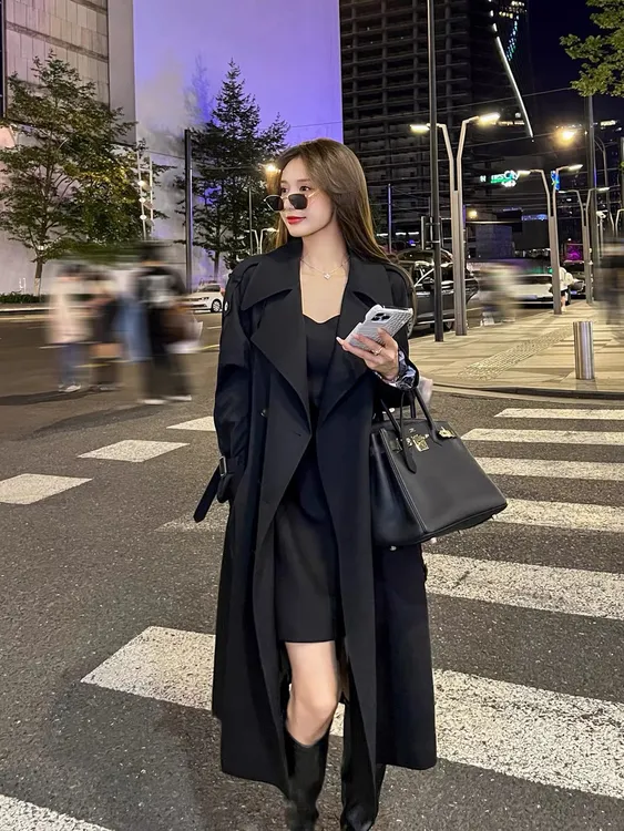 黑色风衣外套女中长款2025年春秋新款韩版宽松休闲气质英伦风大衣