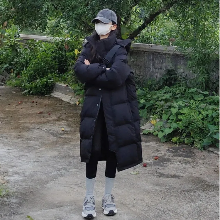 黑色长款棉服女冬季中长款过膝新款加厚宽松百搭休闲中戏棉袄外套