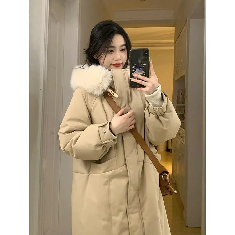 棉服女中长款冬季新款小个子加厚棉衣韩版宽松连帽大毛领休闲外套