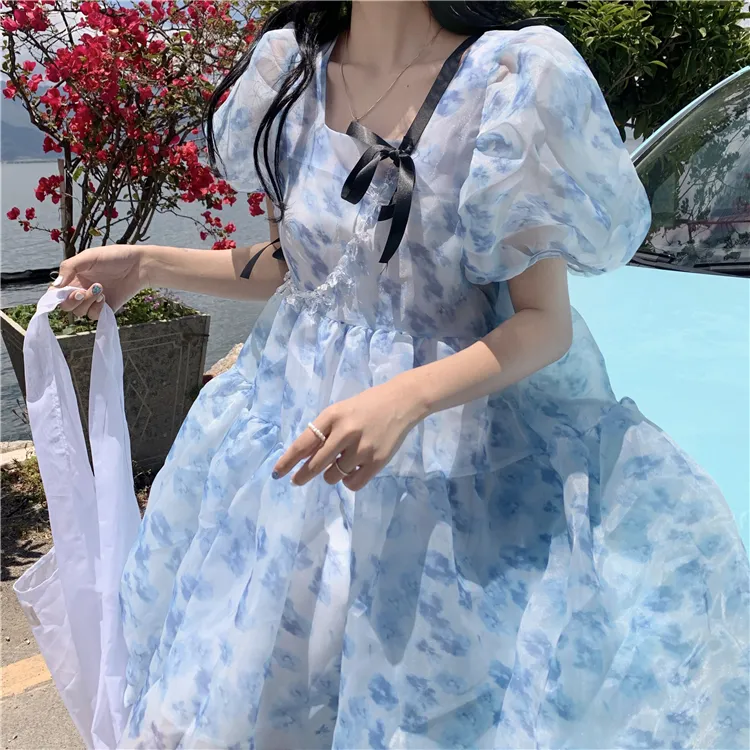 夏季出游穿搭小个子初恋甜美宽松显瘦蓬蓬连衣裙蝴蝶结泡泡公主裙