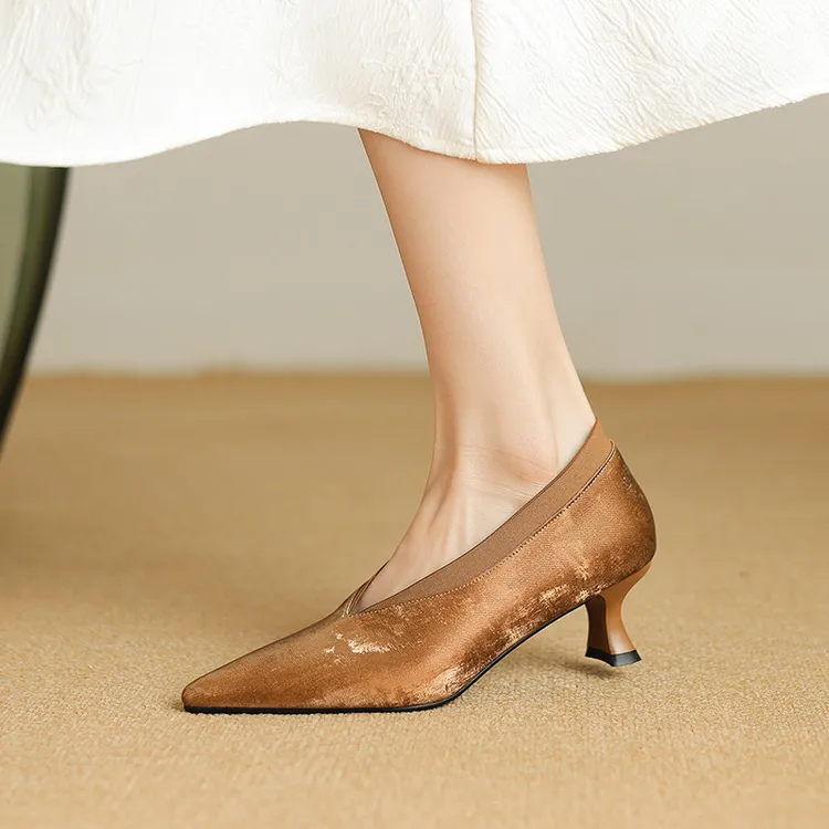 浅口高跟鞋单鞋复古细跟法式尖头时尚舒适百搭气质真皮高跟女鞋