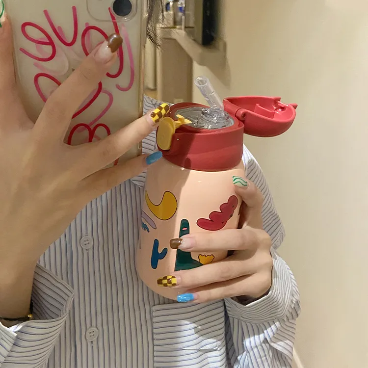 小袋鼠巴布儿童保温杯宝宝吸管水杯316不锈钢直饮杯幼儿水壶喝饮1