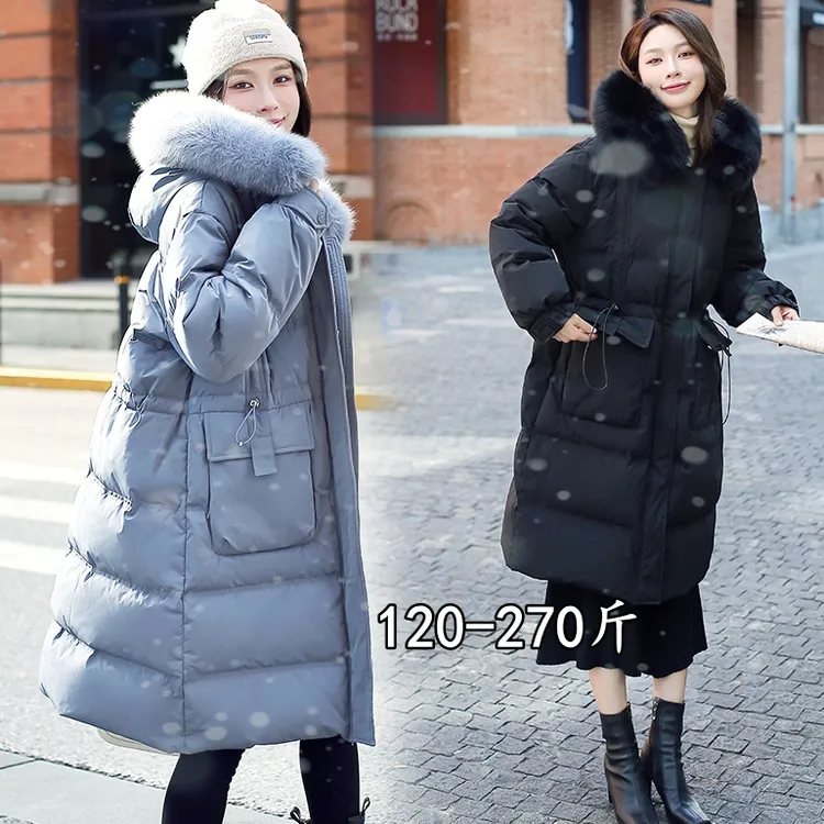 大码女装真毛领羽绒服女中长款胖mm收腰保暖外套连帽显瘦加肥加大