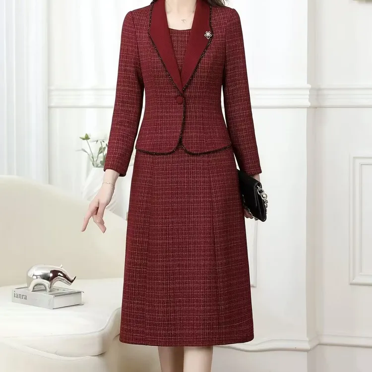秋冬中年长袖格纹连衣裙女秋装2024新款高贵礼服贵夫人假两件套装