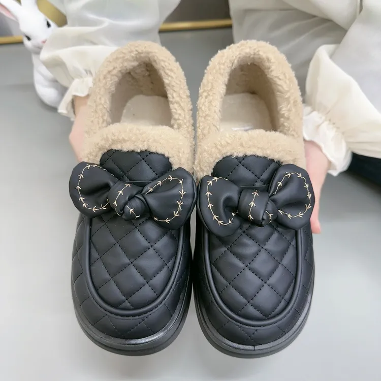 乐福毛毛鞋女2024冬季新款羊羔毛老北京布鞋女蝴蝶结加绒保暖棉鞋