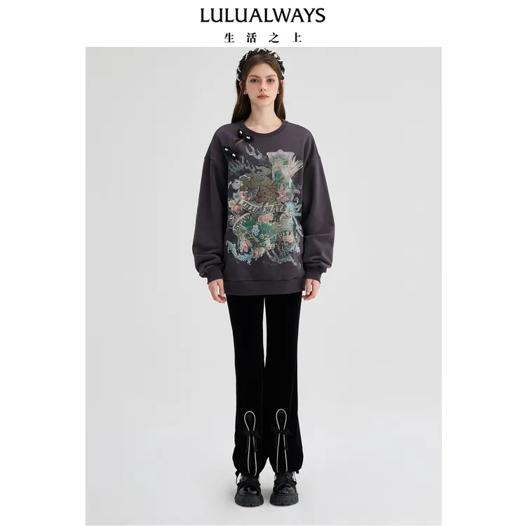 【商场同款】24冬季新款设计感宽松休闲国风圆领卫衣女