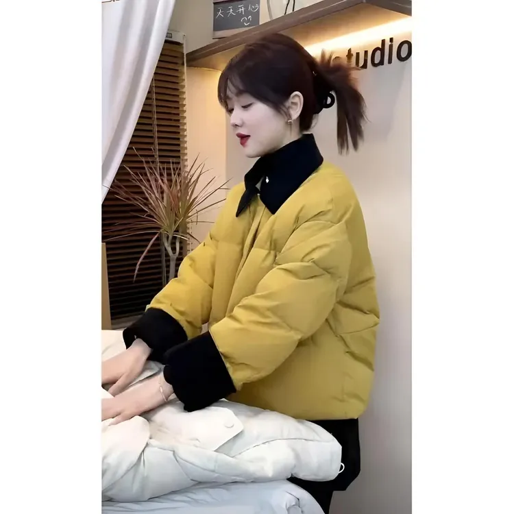 撞色拼接羽绒棉衣外套女2025冬新款保暖时尚设计翻领棉衣外套