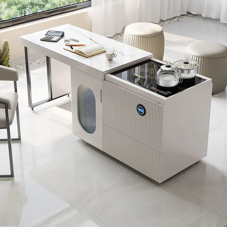 轻奢夫茶几升降茶桌阳台可移动一体茶台家用伸缩岩板茶桌茶车现代