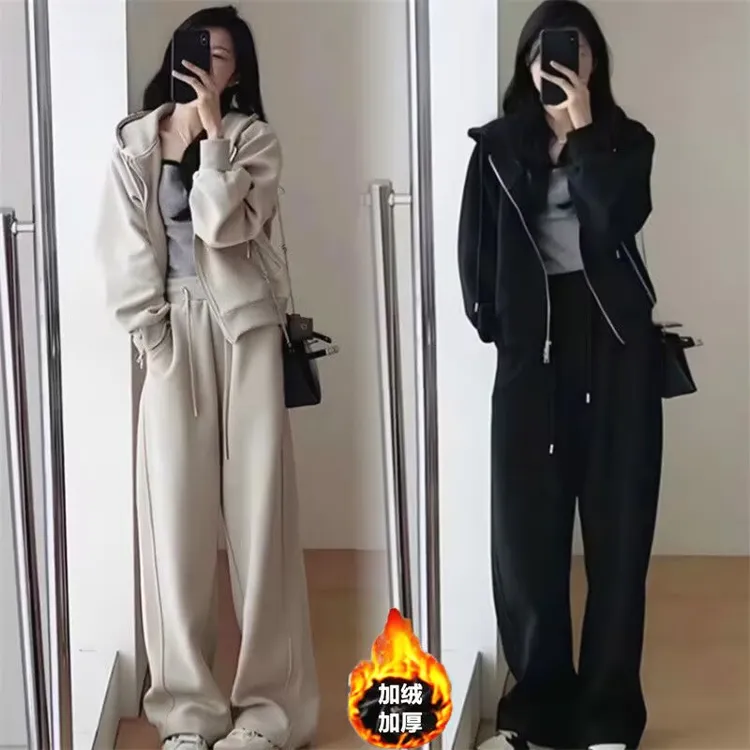 200斤胖mm休闲卫衣套装女士秋冬加绒加厚大码宽松显瘦时尚运动服