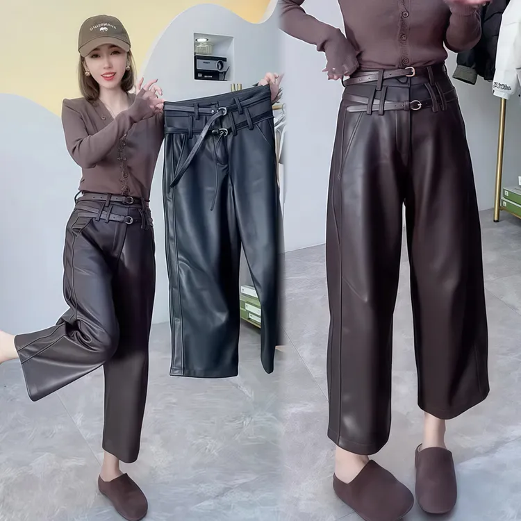 2024年冬季加绒时尚高腰双腰带显瘦休闲直筒裤弯刀皮裤九分裤靴裤