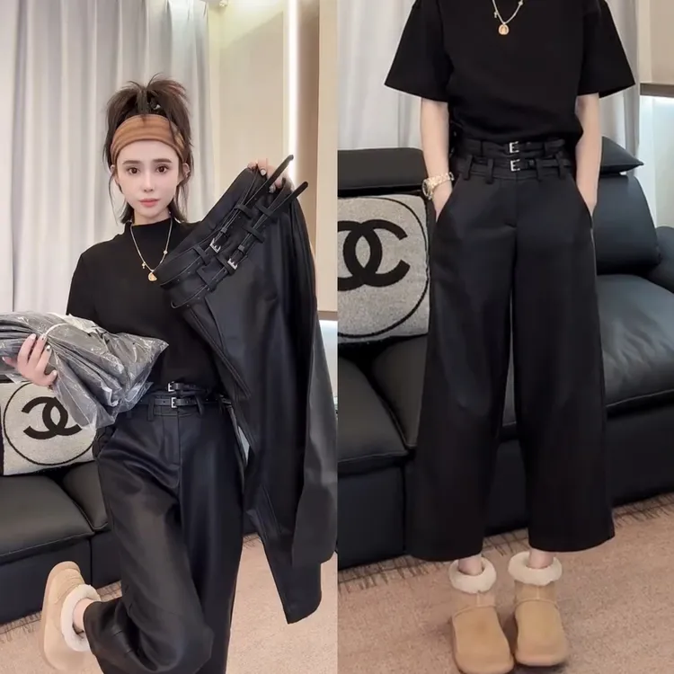 2025爆款欧货秋冬季高腰显瘦双腰带直筒九分裤设计感皮裤