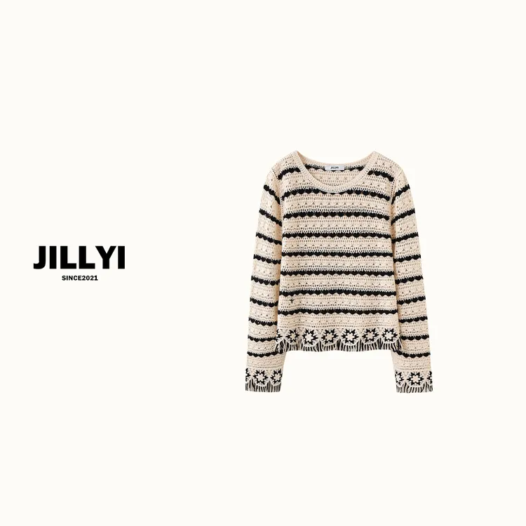 jillyi【条纹甜心】撞色镂空条纹圆领针织毛衣流苏下摆秋冬套头女款