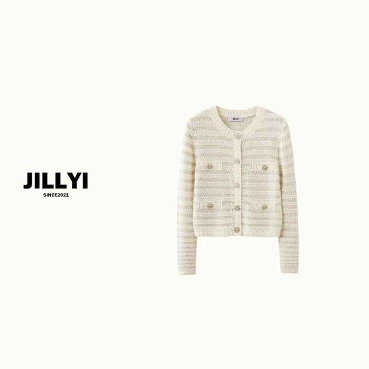 JILLYI南山店【铃兰小姐】香槟色圆领单排扣秋季时尚小香风针织开衫