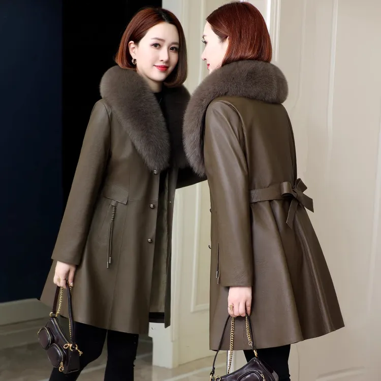 海宁真皮羽绒服女2025冬季新款绵羊皮系带收腰显瘦中长款皮衣外套