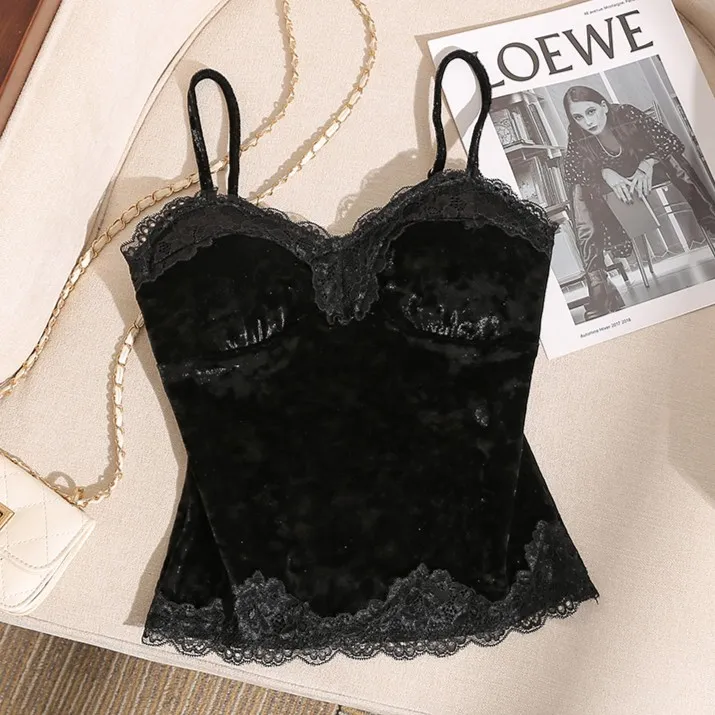法式黑色蕾丝花边丝绒吊带背心女内搭带胸垫性感打底抹胸上衣外穿