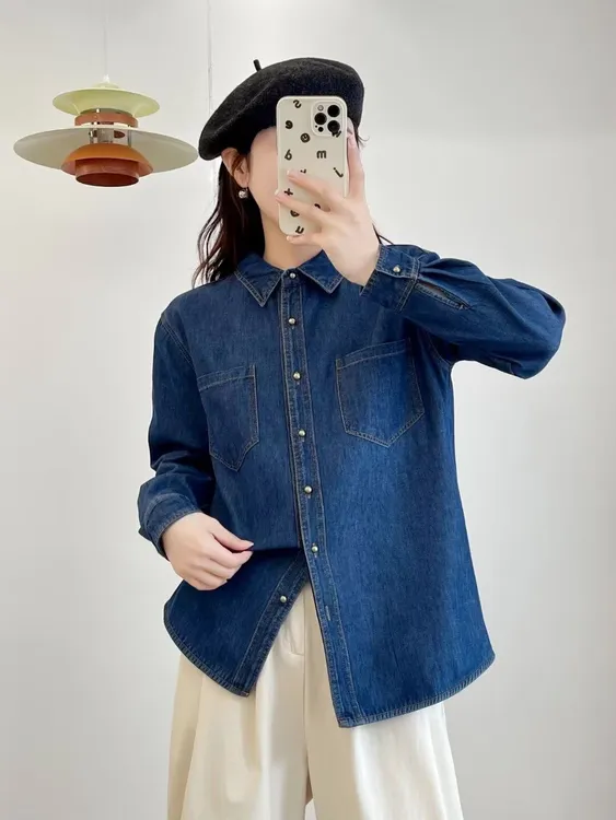 源棉秋冬加厚牛仔长袖口袋装饰韩版休闲减龄衬衣女款