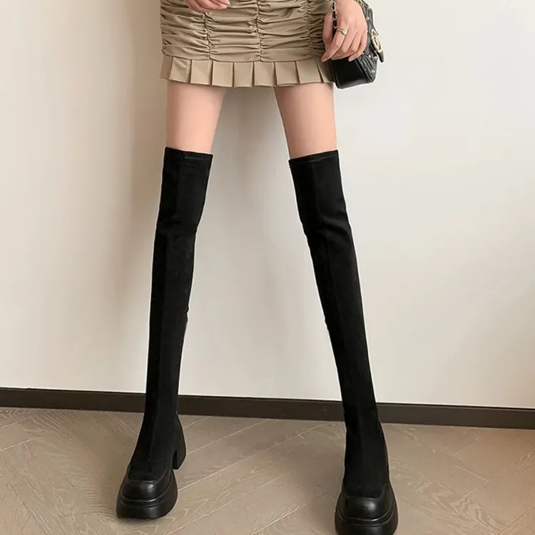 7厘米增高厚底绒面巨好看过膝靴女2025年爆款胖mm长筒大筒围长靴